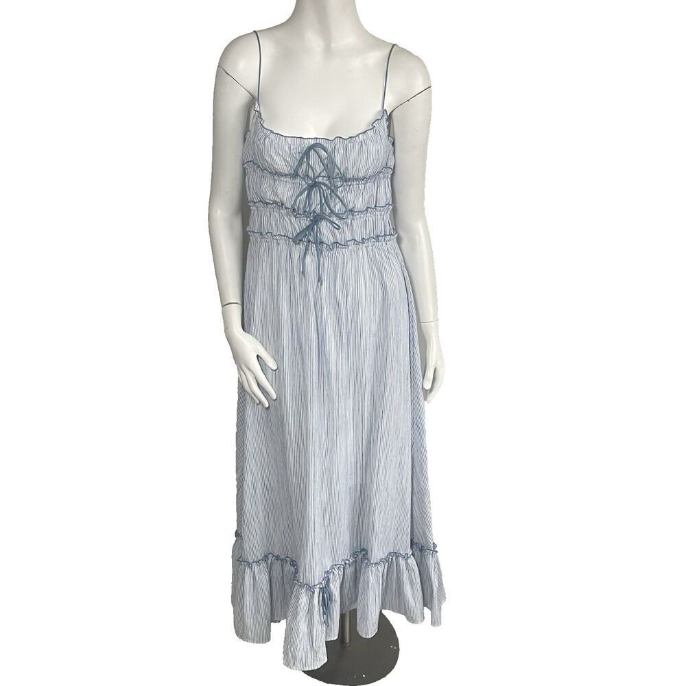 Olivaceous Ruched A-Line Maxi Dress L Tie Front Milkmaid Coastal Resort
